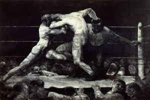 Schwarze und weiße Zeichnung von zwei Boxern im Ring, einer schlägt den anderen, mit einer jubelnden Menge im Hintergrund.