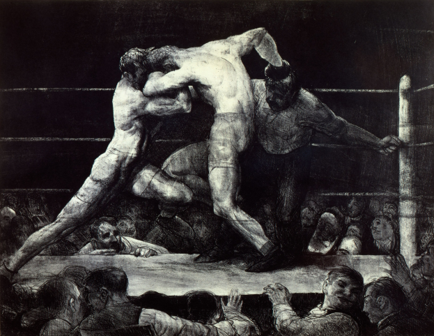 Schwarze und weiße Zeichnung von zwei Boxern im Ring, einer schlägt den anderen, mit einer jubelnden Menge im Hintergrund.