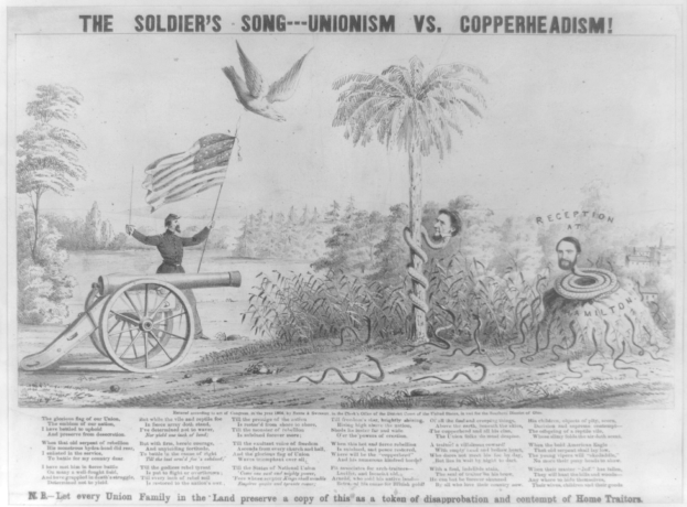 Plakat mit einer Person auf einem Kanonenrohr stehend, eine Fahne haltend, umgeben von Bäumen, Pflanzen und einer Schlange, betitelt "The Soldier's Song - Unionism vs Copperheadism."