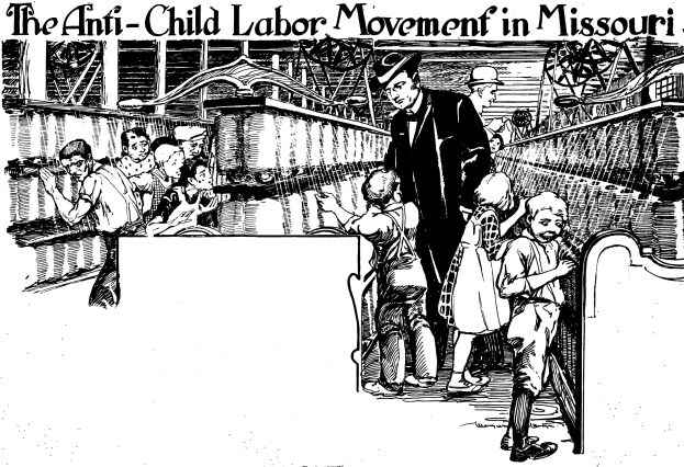 Plakat für die Anti-Kinderarbeit-Bewegung in Missouri, das eine Gruppe von Menschen in traditioneller Kleidung in Not zeigt, mit Text oben und unten.