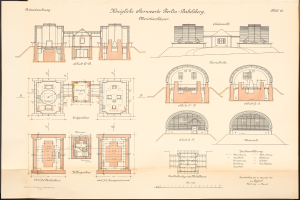 Ein detailliertes architektonisches Zeichnung eines Gebäudes mit zahlreichen Fenstern, Ansichten und Plänen für den Berliner-Bakliskberg, mit ausführlichen Skizzen und Anmerkungen auf Papier.