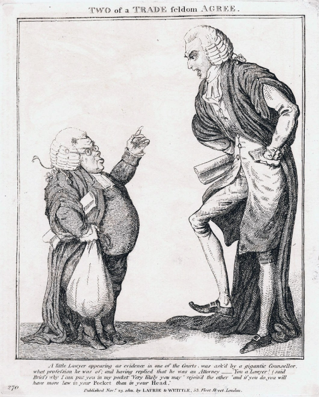 Schwarz-weiß-Zeichnung von zwei Personen, eine hält eine Tasche, mit Text "Zwei eines Gewerbes einig"