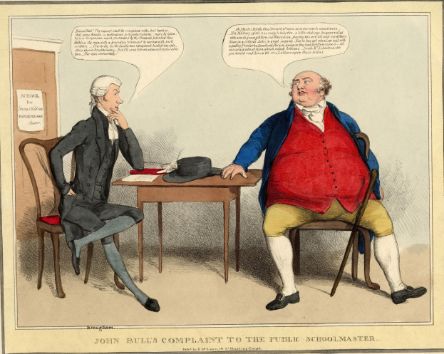 John Bull, ein Mann in historischer Kleidung, sitzt einem Schulmeister gegenüber an einem Tisch mit einem Hut und Papieren, während eine weitere Person in der Nähe steht; im Hintergrund sind eine Tür und ein Papier an der Wand zu sehen.