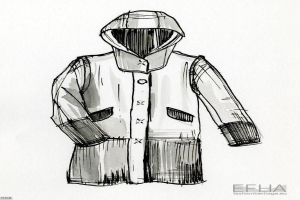 Schwarzer und weißer Bleistiftentwurf einer Kapuzenjacke mit detaillierten Linien und Kurven, entworfen von efha, mit einer hochgezogenen Kapuze und stilisierter Schrift am unteren Rand.