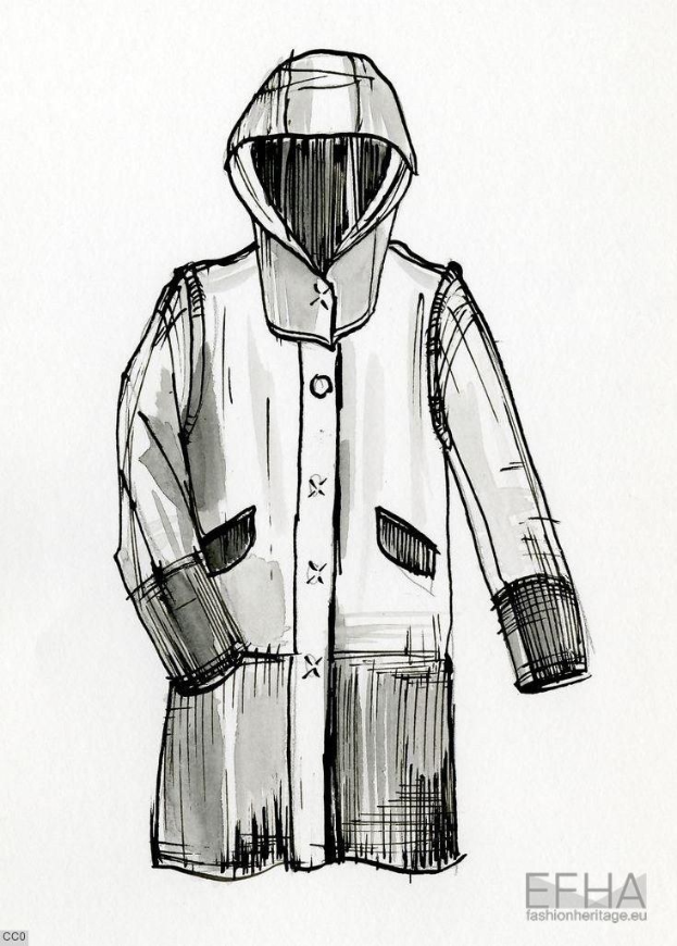 Schwarzer und weißer Bleistiftentwurf einer Kapuzenjacke mit detaillierten Linien und Kurven, entworfen von efha, mit einer hochgezogenen Kapuze und stilisierter Schrift am unteren Rand.