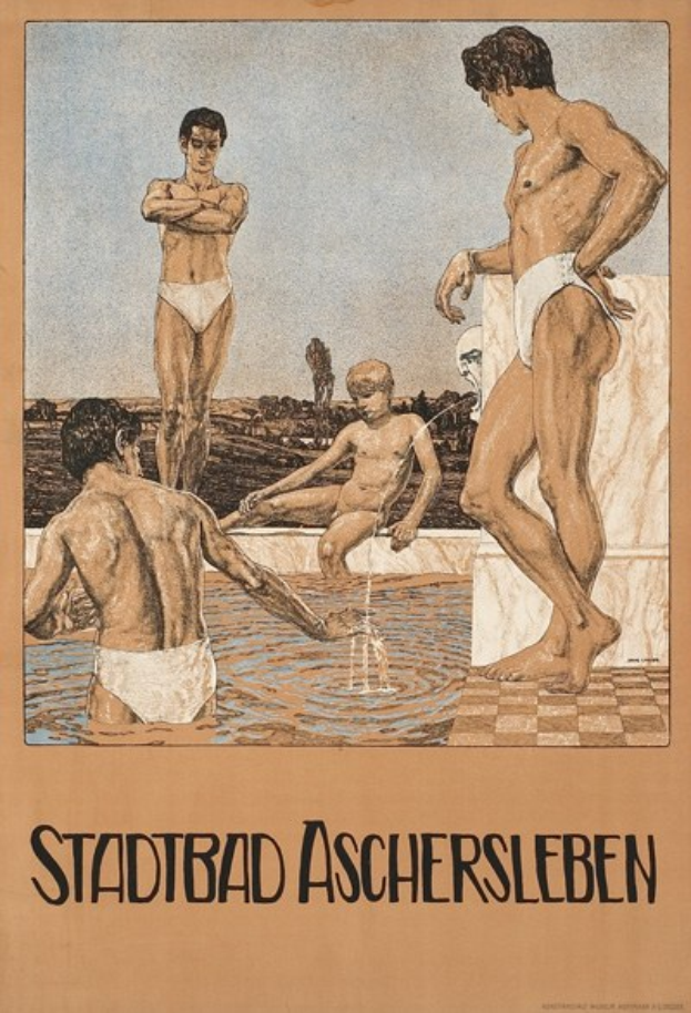 Plakat für ein Schwimmbad in Aschersleben, Deutschland, das Menschen im Wasser und Textüber die Schwimmbad-Anlagen zeigt.