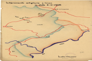 Detailierte Karte der Schlachtrouten der Italienischen Armee im Ersten Weltkrieg, die Städte, Ortschaften, geografische Merkmale und mit Soldatennamen und Datumsangaben annotiert zeigt.