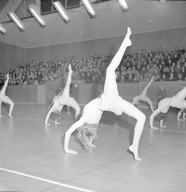 Eine Gruppe von Menschen, die Akrobatik in einem Turnsaal ausführen, mit einer Wand im Hintergrund und einer Decke mit Lichtern oben, dargestellt in Schwarz-Weiß.