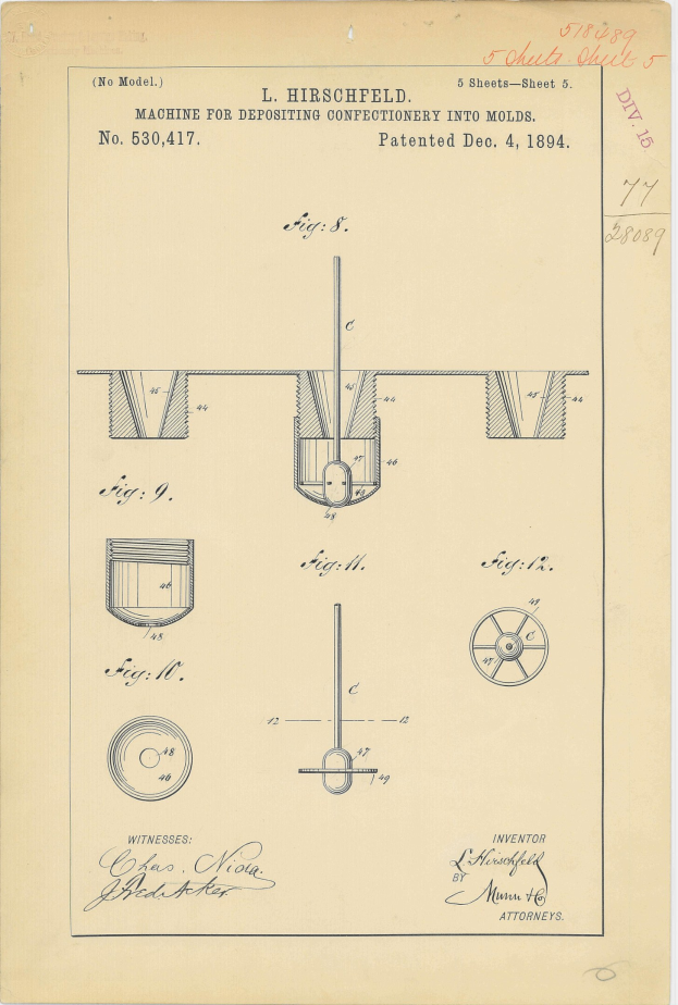 Patentzeichnung einer Maschine zum Befüllen von Formen mit Süßwaren, mit detailliertem Text und nummerierten Bauteilen.