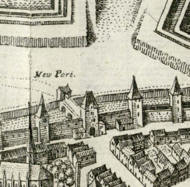 Detailiertes altes Stadtplan von New Port Stadt mit Straßen, Gebäuden, Sehenswürdigkeiten und Text mit historischen, kulturellen und touristischen Informationen.