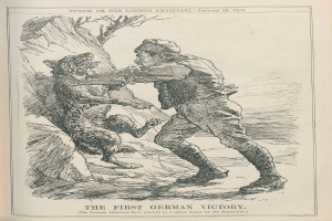 Offenes Buch mit einer Zeichnung eines Mannes mit Hut und einem Hund daneben, mit der Aufschrift 'Die erste deutsche Niederlage' auf der Seite.