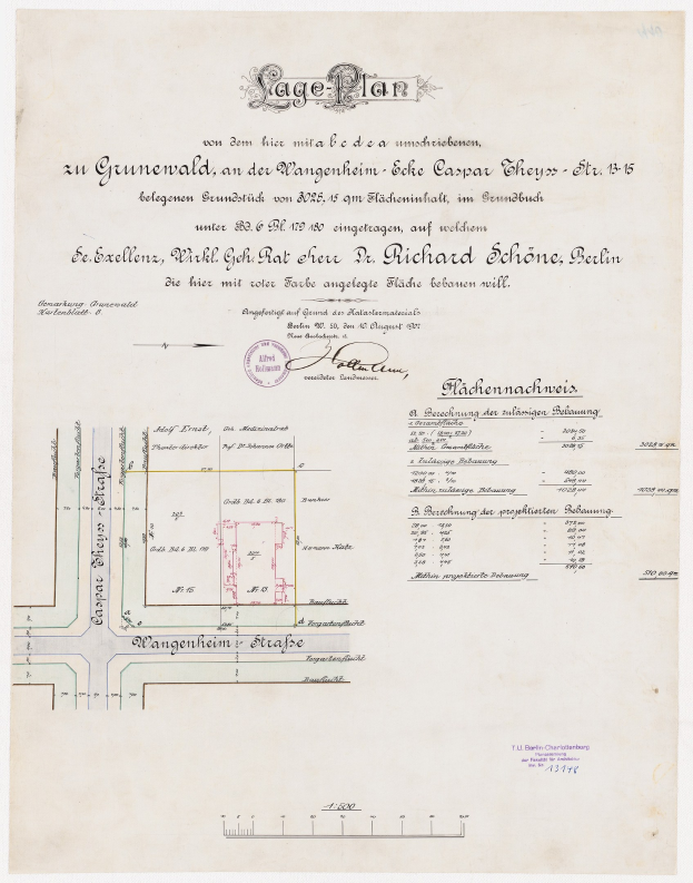 Schwarz-weiß detaillierte Großstadtkarte eines Berliner Parkplatzes mit Text und einem Stempel auf altem Papier.