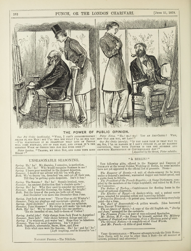 Ein altes Buchcover mit einer Illustration eines sitzenden Mannes in einem Stuhl mit ernstem Gesichtsausdruck und einer stehenden Frau, die wegsieht, betitelt mit "Die Macht der öffentlichen Meinung".