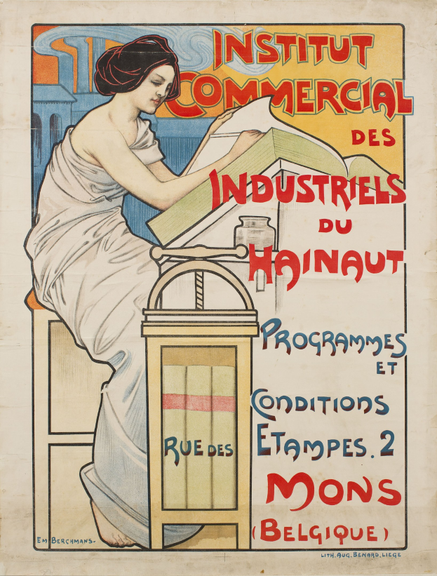Plakat für das Institut Commercial des Industriels du Hainaut, das eine Frau zeigt, die an einem Tisch sitzt und ein Buch hält, mit Text, der Details des Instituts angibt.
