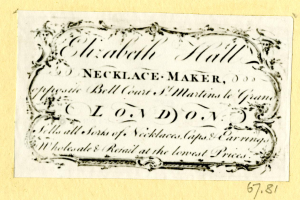 Eine alte Visitenkarte mit einem Bild eines Schmuckherstellers und Text, der dessen Dienstleistungen beschreibt.