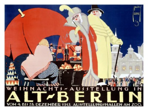 Plakat für eine Weihnachtsausstellung in altem Berlin, mit farbenfrohen Illustrationen von Menschen und Gebäuden und dem Text 'Weihnachtsausstellung in Alt-Berlin' oben.