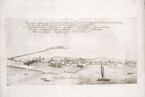 Ein aufgeschlagenes Buch mit der Überschrift "Plan der Stadt Köln, Deutschland", das eine zentrale Illustration der Stadt zeigt, die von Booten auf dem Wasser umgeben ist.