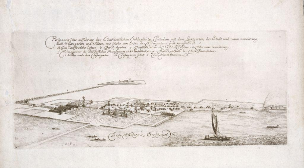 Ein aufgeschlagenes Buch mit der Überschrift "Plan der Stadt Köln, Deutschland", das eine zentrale Illustration der Stadt zeigt, die von Booten auf dem Wasser umgeben ist.