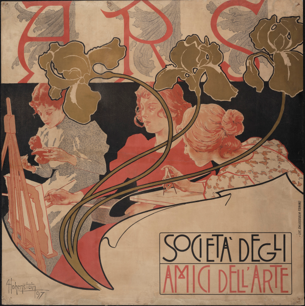 Ein Plakat, das die Kunstgesellschaft von Alphonse Mucha ankündigt, zeigt eine farbenfrohe Illustration von drei einzigartig gestalteten Personen auf einem hellgelben Hintergrund, mit der Aufschrift "Kunstgesellschaft" in fetter schwarzer Schrift.
