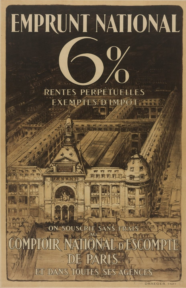 Plakat für einen 6%igen Nationalkredit mit einem zweistöckigen weißen Gebäude mit rotem Dach, mit fetter schwarzer Schrift, die 'emprunt national 6% - rentes perpetuelles exemptes impot' auf einem hellblauen Hintergrund liest.