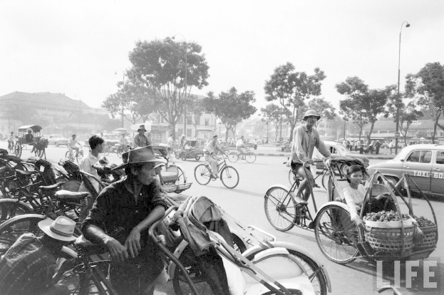 Eine viel befahrene Straße mit Fahrrädern, Autos und anderen Fahrzeugen, mit Bäumen und Gebäuden im Hintergrund.