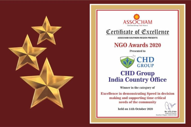 Auszeichnung für den NGO Award 2020 mit dem Text "Chd Group India Country Office" und einem Schild-Logo mit einem Stern und einem Lorbeerkranz.