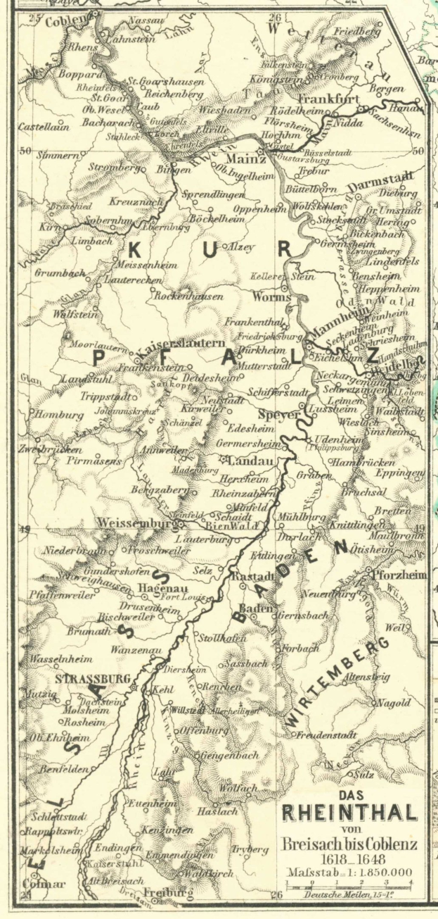 Alte Karte des Rheins in Deutschland, die Flüsse, Städte und geografische Merkmale mit Text oben und unten zeigt.