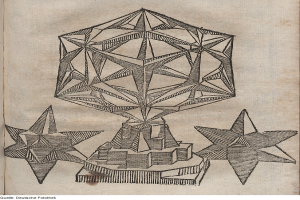 Ein aufgeschlagenes Buch mit einer detaillierten, farbenfrohen Zeichnung eines Tetraeders und Text unten.