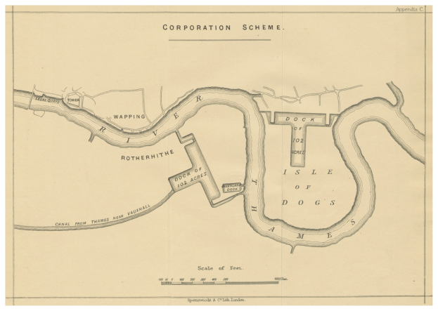 Detailiertes altes Stadtplan von London, das das Corporation-Schema hervorhebt, einschließlich Straßen, Gebäuden, Sehenswürdigkeiten und erklärendem Text.