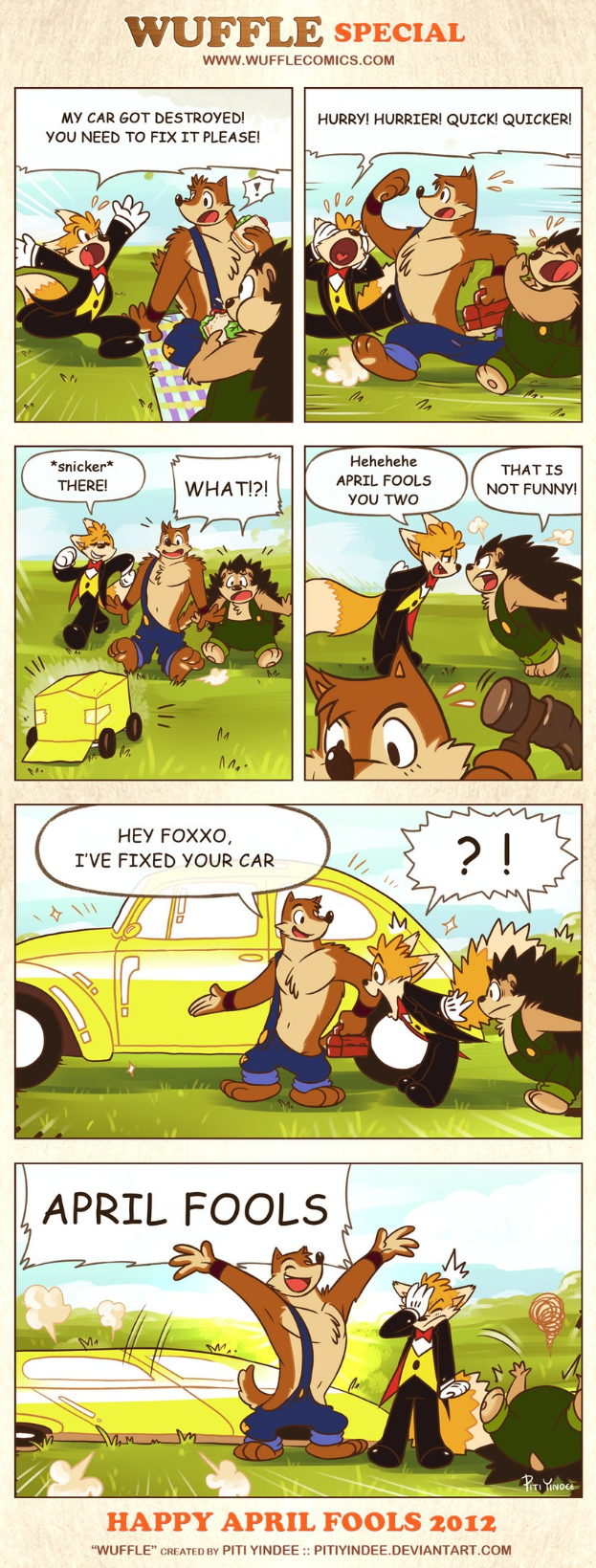 Comic-Stripschild mit der Aufschrift "Aprilscherz", das einen Cartoon-Mann und -Frau in einer Diskussion vor einem hellblauen Himmel mit weißen Wolken zeigt, wobei einer mit den Händen gestikuliert.