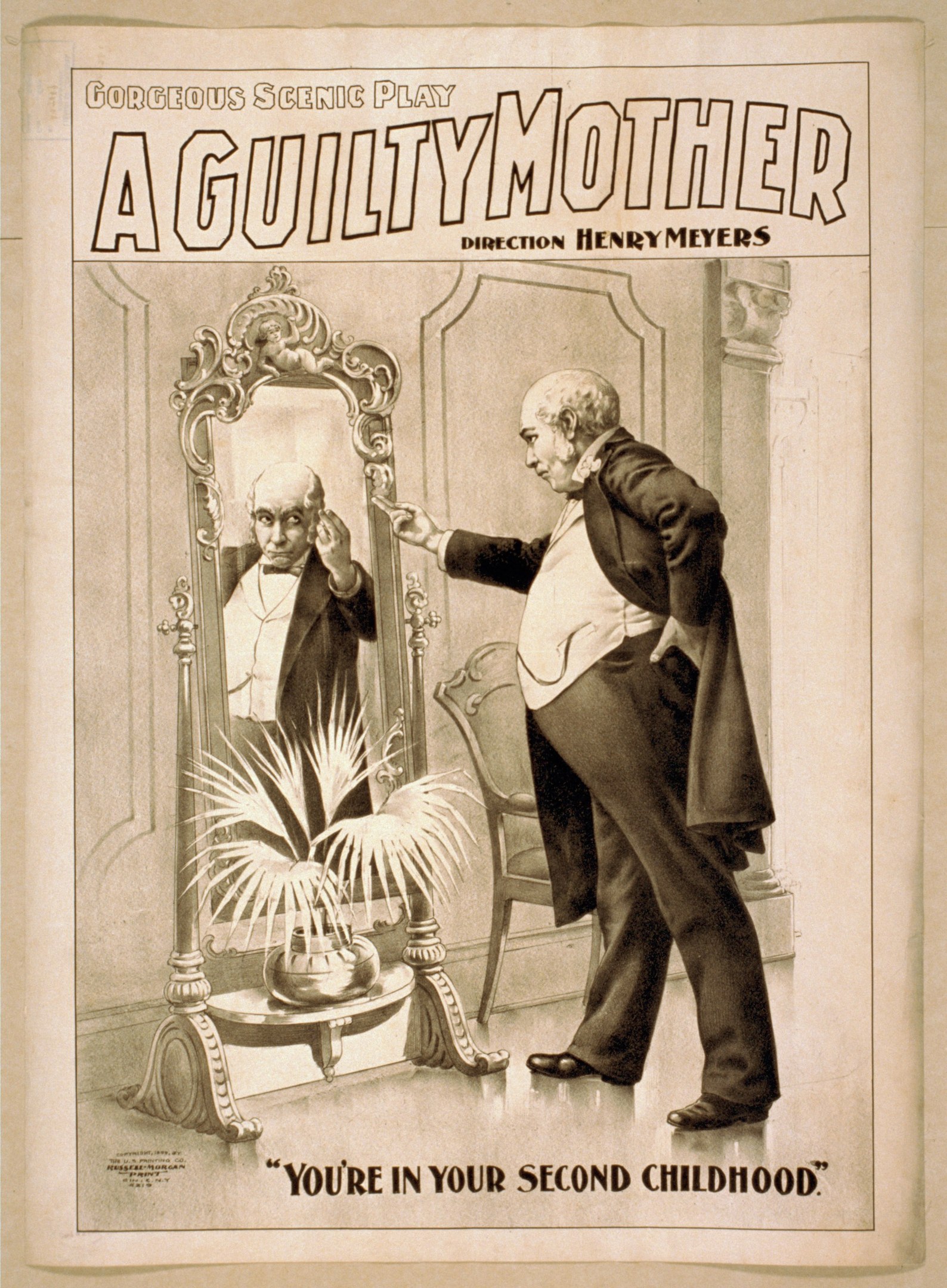 Plakat mit einem Mann, der vor einem Spiegel steht, einem Stuhl und einer Pflanze im Hintergrund, Text lautet "Eine schuldige Mutter - Du bist in deiner zweiten Kindheit."