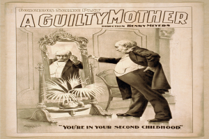 Plakat mit einem Mann, der vor einem Spiegel steht, einem Stuhl und einer Pflanze im Hintergrund, Text lautet "Eine schuldige Mutter - Du bist in deiner zweiten Kindheit."