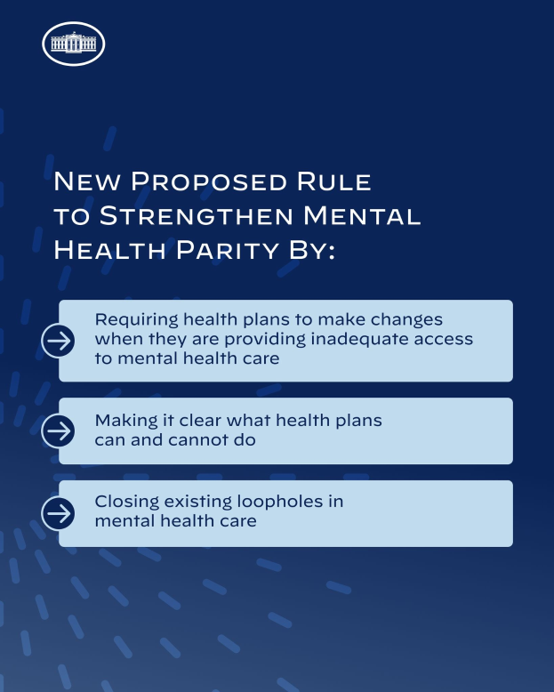 Blauer Hintergrund mit wei├čem Text und einem wei├čen Kreis-Logo mit einer blauen Umrandung, das eine neue Regel zur St├Ąrkung der psychischen Gesundheit umrandet.