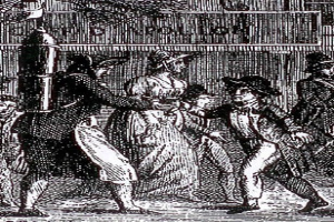 Eine Schwarz-Weiß-Zeichnung einer Gruppe von besorgten Menschen, die eine Straße entlanggehen und rennen, mit einem Gebäude im Hintergrund und einem Text unten, der 'Victorian riots in London' lautet.
