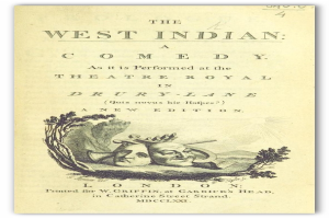 Plakat f├╝r 'The West Indian Comedy' im Theatre Royal in Drury Lane mit einem Schwarz-Wei├č-Bild eines Mannes in einem Zylinder und einer Frau in einem langen Kleid, die beide l├Ącheln und in die Kamera schauen, mit der ├ťberschrift in fetter, wei├čer Schrift.