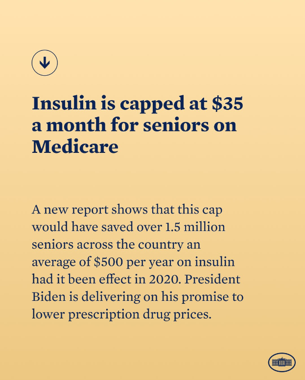 Ein Plakat mit Text und einem Logo, auf dem steht: 'Insulin ist auf 35 Dollar pro Monat für Senioren mit Medicare gedeckelt.'