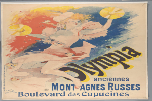 Plakat für die Olympischen Spiele in Mont-Agnes-Russes, Frankreich, mit einer Frau in farbenfrohem Kleid, die einen Fächer hält und Text beschreibt.