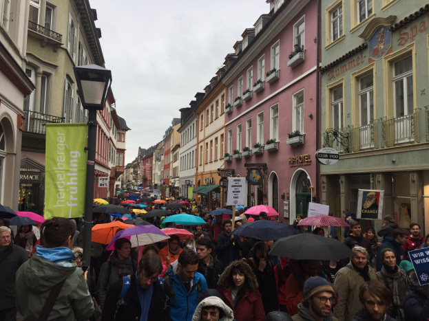 Große Gruppe von Menschen mit Schirmen auf der Straße, einige tragen Taschen und halten Schilder, während sie an einem Klimastreik in Deutschland teilnehmen, mit Gebäuden an der Straße und einem Laternenpfahl im Vordergrund.