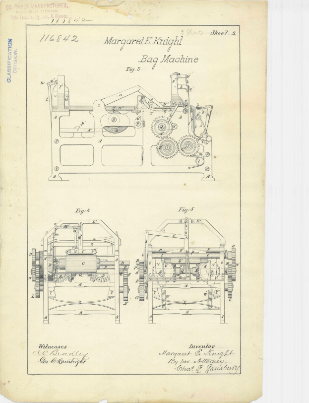 Detailierte Linienzeichnung einer Schlauchbeutelmaschine auf Papier, einschließlich beschrifteter Komponenten wie Griff und Räder, mit begleitendem Text.