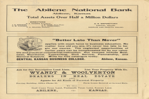 Eine Vintage-Anzeige für die Abilene National Bank aus einer alten Zeitung, die ein zentrales Porträt und beschreibenden Text über die Bankdienstleistungen zeigt.