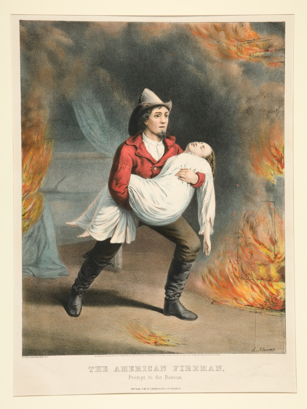 Amerikanischer Feuerwehrmann, der eine Frau in seinen Armen trägt, vor Feuer und Rauch, mit Text "Der amerikanische Feuerwehrmann, schnell zur Hilfe" unten.