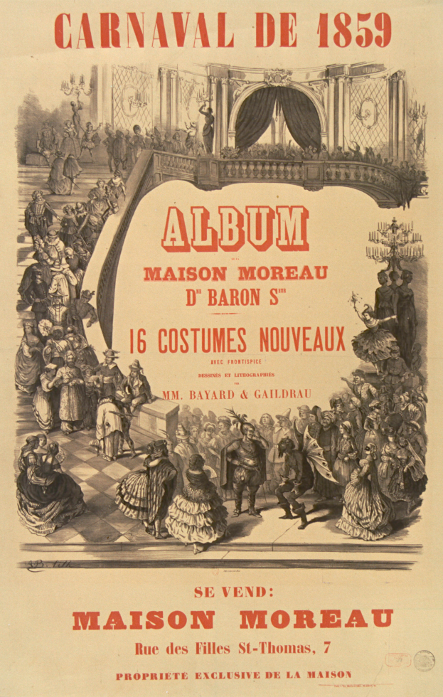 Ein Vintage-Plakat für den Karneval von 1859, das eine Gruppe von Menschen in farbenfrohen Kostümen zeigt.