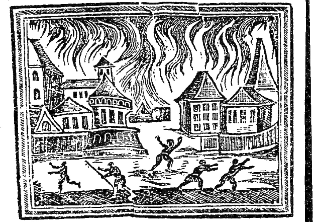 Schwarz-weiß-Zeichnung einer Stadt mit Menschen im Vordergrund und Gebäuden im Hintergrund, mit dem Text "Feuer in der Stadt" unten.