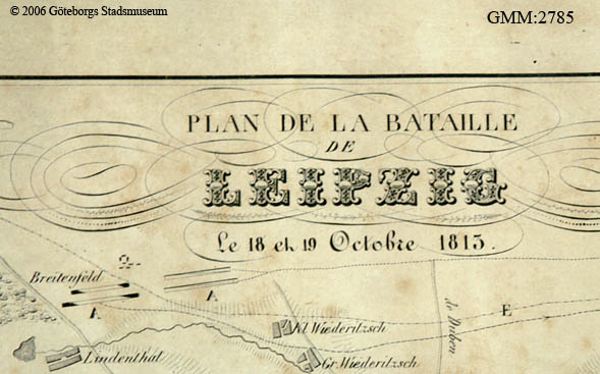 Eine detaillierte alte Karte der Schlacht von Leipzig, die verschiedene Kämpfe zeigt und mit Text über das Datum, die Uhrzeit und den Ort annotiert ist.
