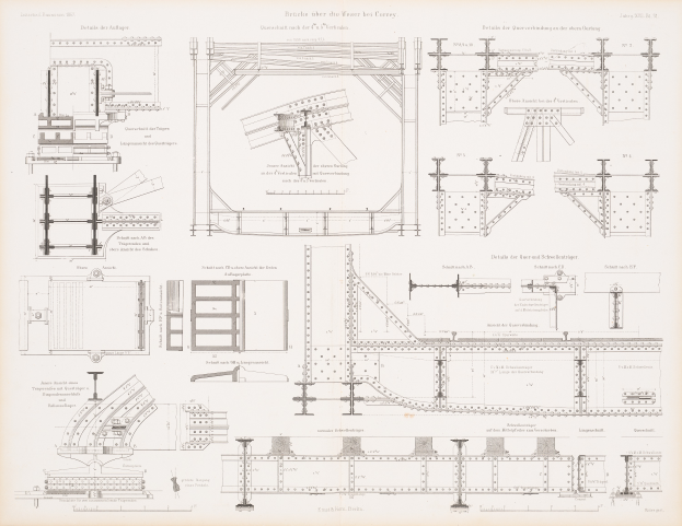 Ein detailliertes Bild einer Eisenbahnbrücke in einem Buch, das ihre Bögen, Balken und andere konstruktive Merkmale zeigt, mit begleitendem Text, der ihren Aufbau beschreibt.