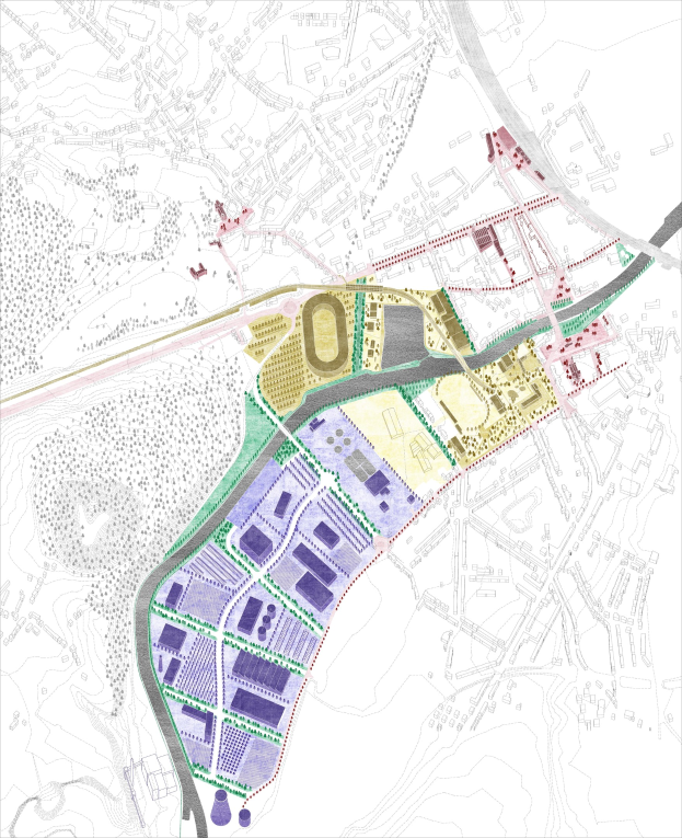 Vorgeschlagener Lageplan für die neue Stadt London, eine farbcodierte Karte, die verschiedene Stadtbereiche mit Text oben und unten zeigt.