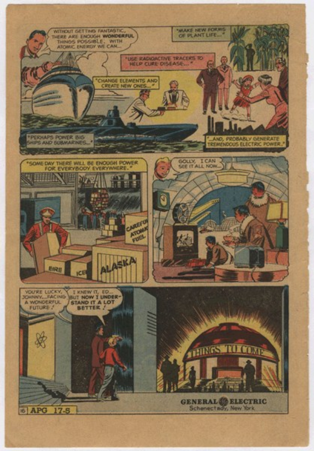 Eine Comic-Seite mit einem Mann in einem blauen Anzug mit weißem Hemd und roter Krawatte und einer Frau in einem weißen Kleid mit blauer Schürze und Schürze, vor einem hellblauen Himmel mit weißen Wolken.