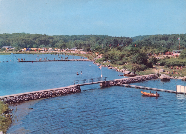Altes Schwarz-Weiß-Foto eines Sees mit einem Boot, einer Brücke, Flaggen, Felsen, Bäumen, Gebäuden und Menschen im Wasser, mit Text auf dem Bild.
