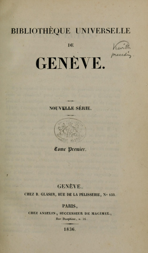 Ein abgenutztes, offenes Buch mit dem Titel 'Bibliothèque Universitaire de Geneve' und lesbarer Innentext.