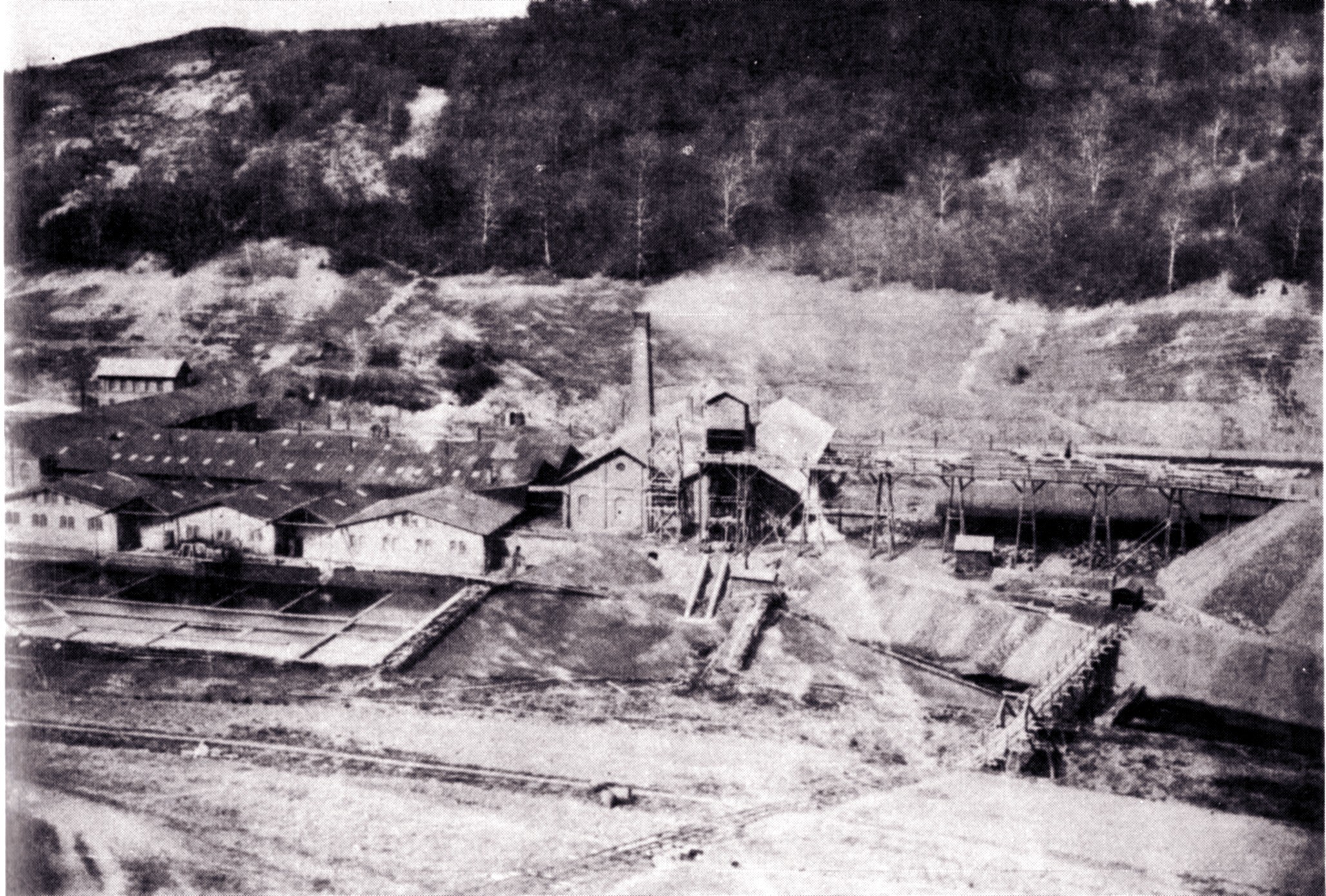 Schwarzes und wei├čes Foto eines Kohlebergbaus mit Geb├Ąuden, Masten und B├Ąumen im Hintergrund und Text unten.